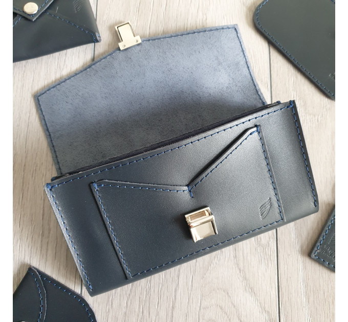 Гаманець шкіряний на замочку Подвійний конверт Кайзер глянцевий Темно-синій